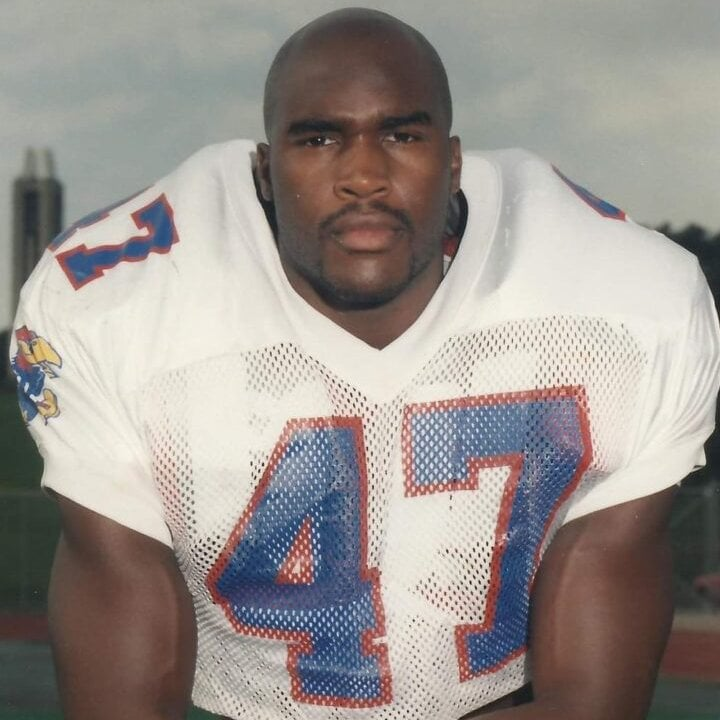 Kansas football player Pat Brown poses for a photo