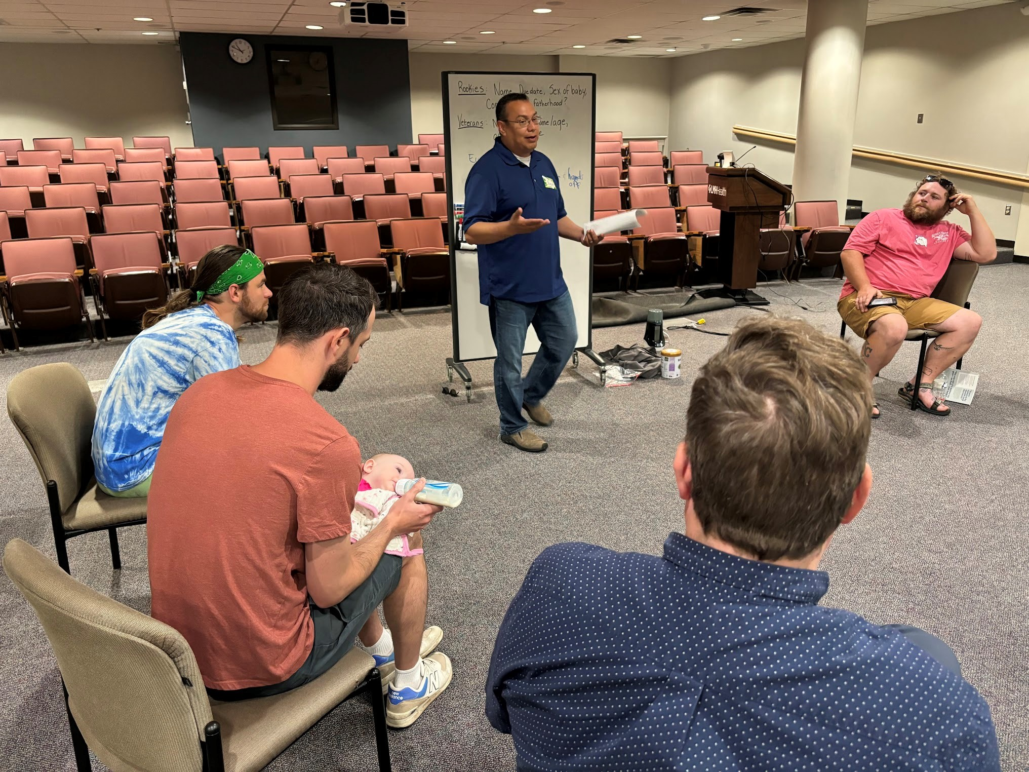 Boot Camp for New Dads facilitator Vince Romero leads a discussion with rookie and veteran dads in July 2024.